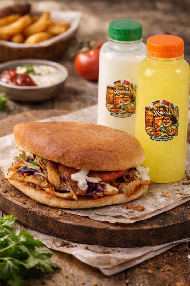Berlin Hamza Gemüse Tavuk Tombik Menü — Tavuk döner, közlenmiş sebzeler, humus ve mango köri sos; huni patates ve 330ml içecek dahil.