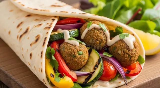 Berlin Hamza Gemüse Falafel Dürüm — Falafel, közlenmiş sebzeler, kokteyl ve mango köri sos.