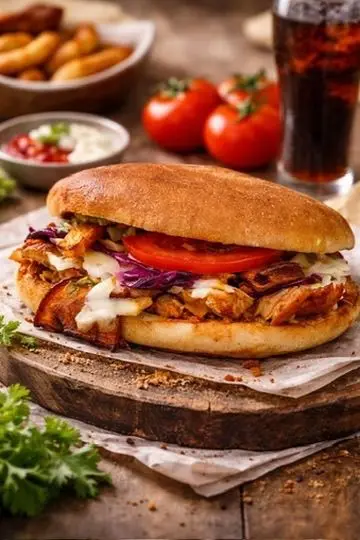 Berlin Hamza Gemüse Tavuk Tombik — Közlenmiş sebzeler, kokteyl ve mango köri sos ile tavuk döner, tombik ekmekte.