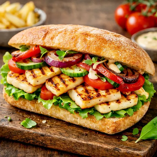 Berlin Hamza Gemüse Vejetaryen Sandviç — Halloumi peyniri, közlenmiş sebzeler, kokteyl ve mango köri sos.